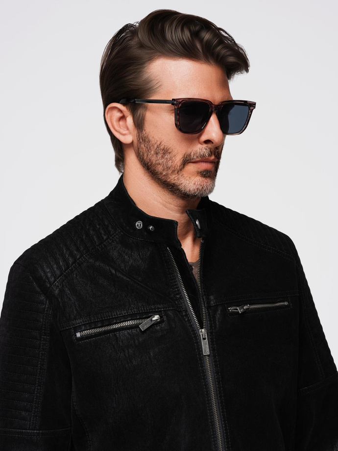 Kurtka męska biker ze stójką w stylu retro – czarna V2 OM-JAFL-0197