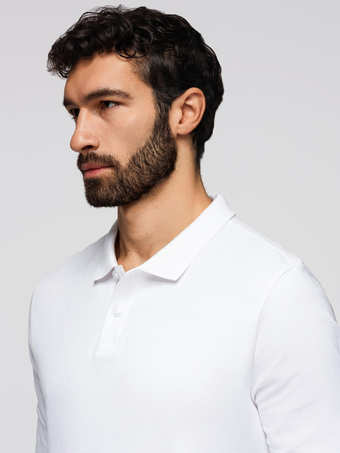 Longsleeve męski BASIC z kołnierzykiem polo – biały V1 OM-POBL-0162