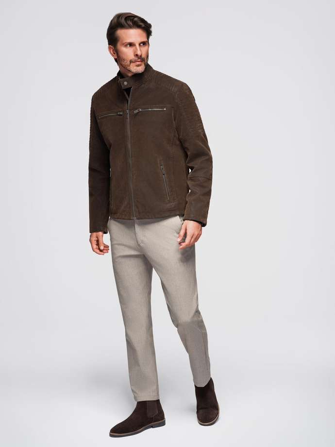 Męska kurtka biker w stylu retro ze stójką – brązowa V1 OM-JAFL-0197