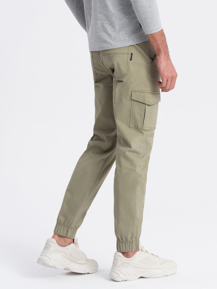 Spodnie męskie JOGGERY z zapinanymi kieszeniami cargo - khaki V1 OM-PAJO-0123