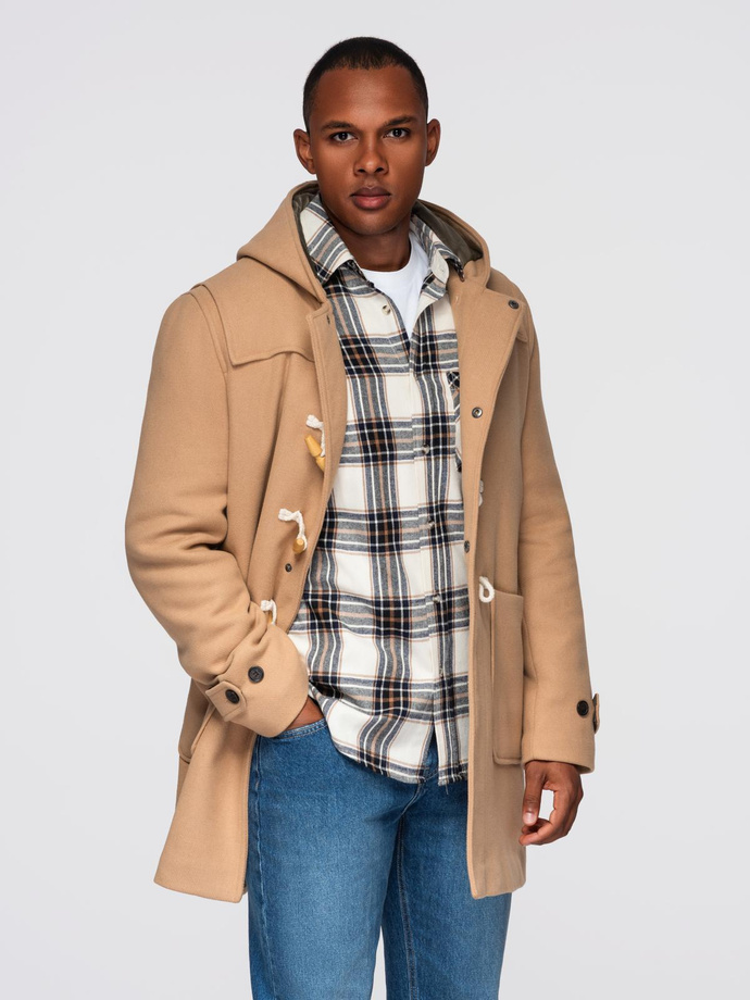 Płaszcz męski z wełną i kapturem duffle coat – jasnobrązowy V1 OM-COWC-0131