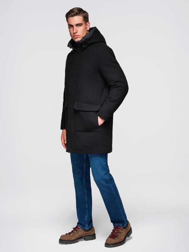 Płaszcz męski parka z wełną i kapturem - czarny V1 OM-COWC-0132