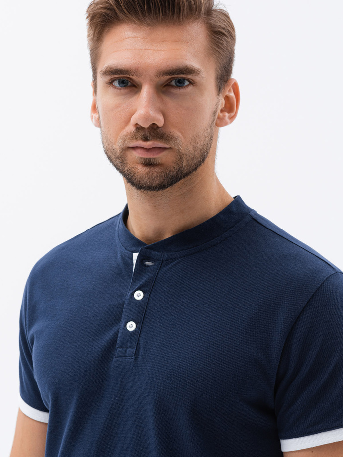 T-shirt męski polo bez kołnierzyka - granatowa V4 S1381