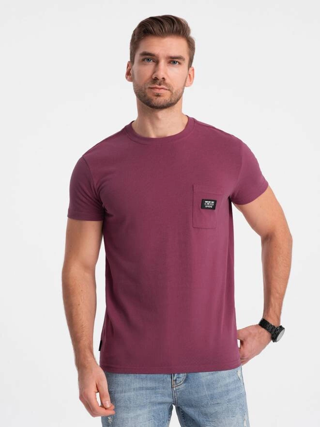 T-shirt męski bawełniany z kieszonką - ciemnoróżowy V5 S1743