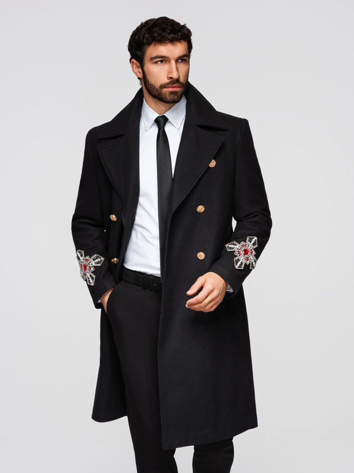 Męski dwurzędowy płaszcz z wełną oraz aplikacjami z koralików na rękawach – czarny V1 OM-COWC-0148