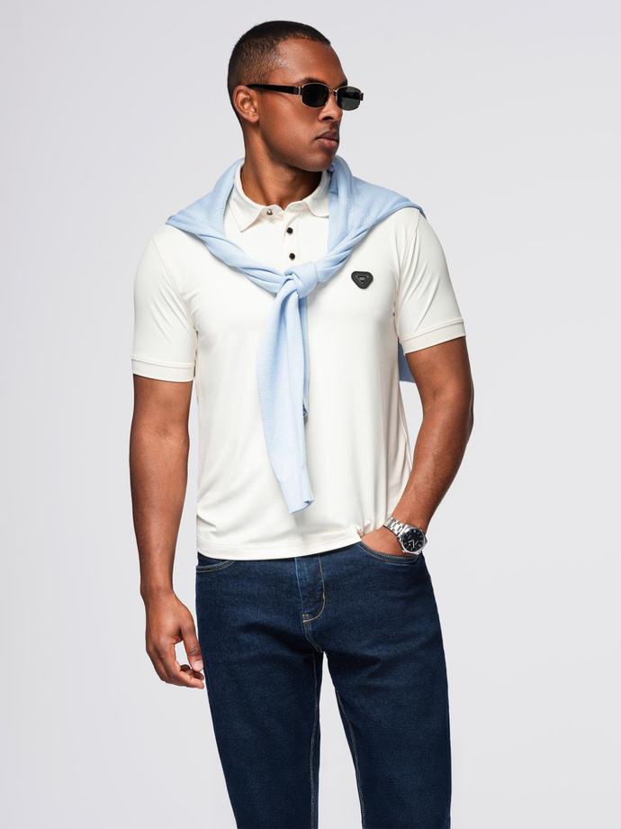 Męska stylowa koszulka polo z elastycznej tkaniny –  kremowa V2 OM-POSS-0150