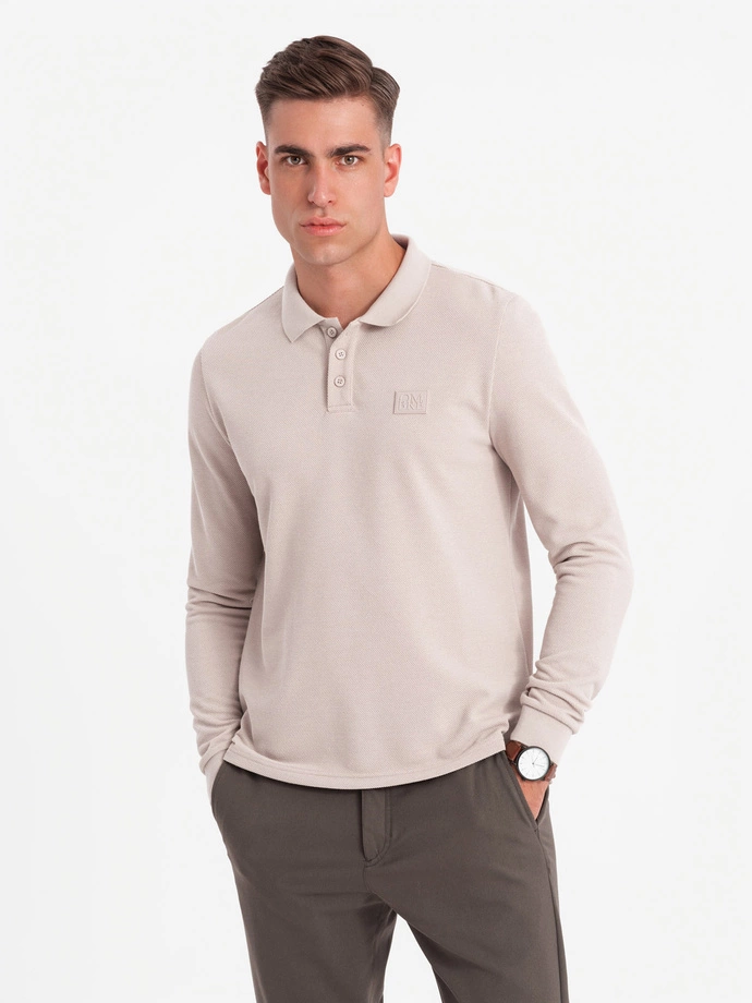 Strukturalny longsleeve polo męski z naszywką – popielaty V3 OM-POLS-0131