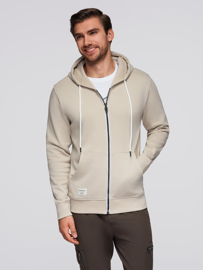Bluza męska dresowa BASIC rozpinana z kapturem - jasnobeżowa V1 OM-SSBZ-0178