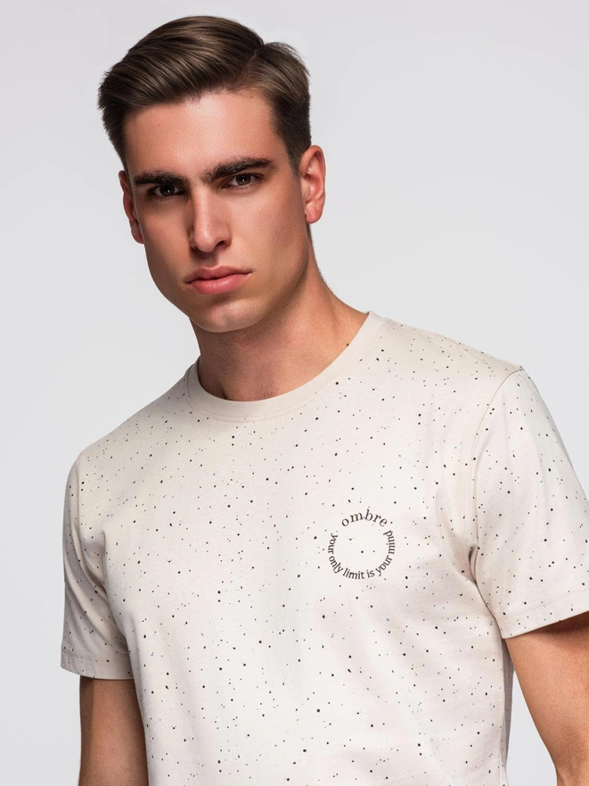Męski bawełniany t-shirt z nadrukiem i okrągłym dekoltem – beżowy V2 OM-TSFP-0186