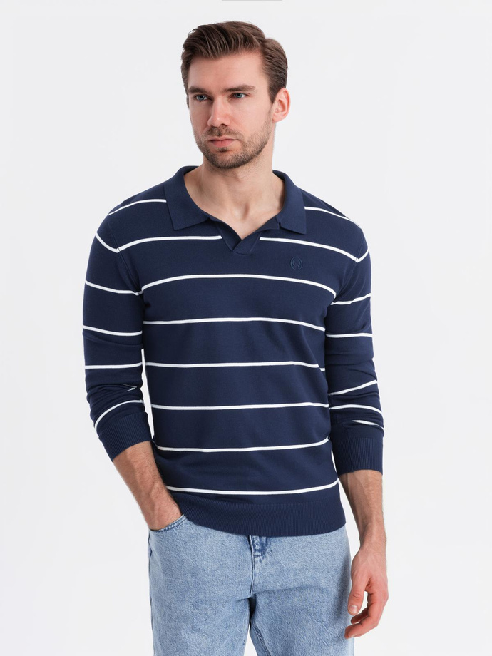 Męski longsleeve polo w poziome paski z wiskozą – granatowo-biały V1 OM-POLS-0146