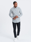 Koszula męska SLIM FIT w print gałązek - niebiesko-szara V2 OM-SHPS-0163