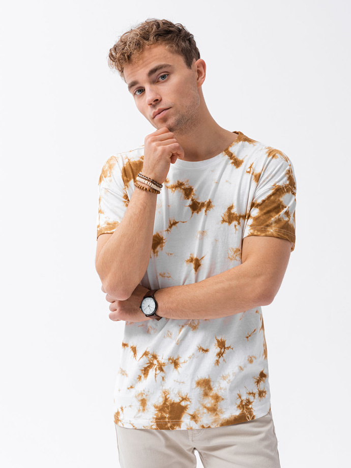 T-shirt męski bawełniany - beżowy/biały S1373