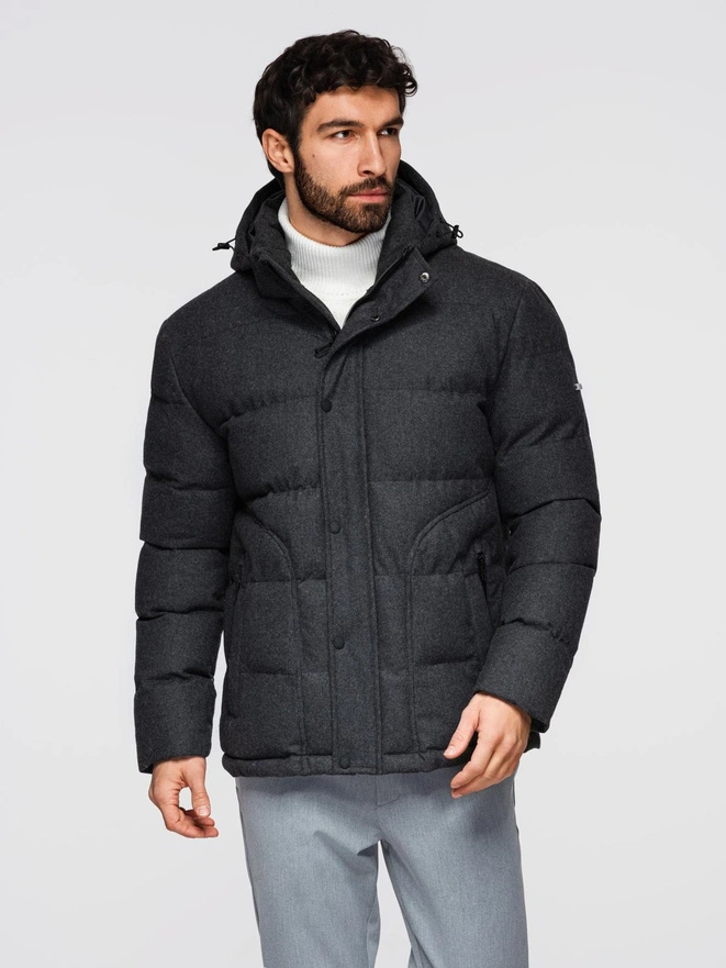 Casualowa męska kurtka puffer z wełną – czarny melanż V2 OM-JAHP-0203
