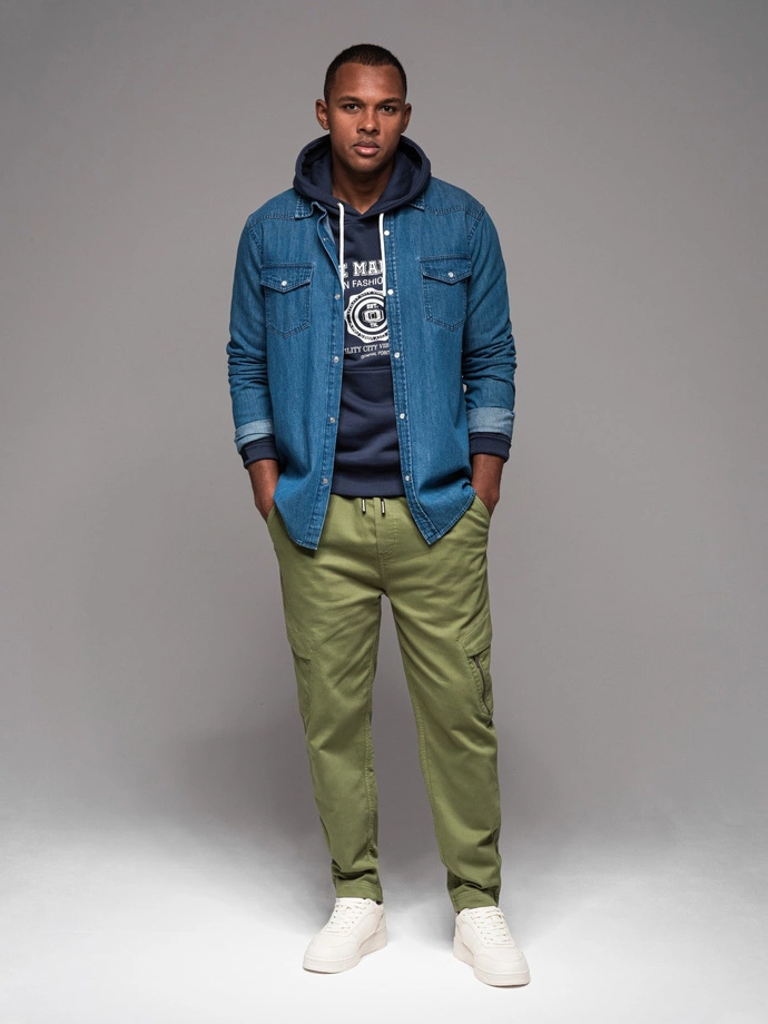 Męskie dzianinowe joggery z kieszeniami cargo – oliwkowe V3 OM-PAJO-0199