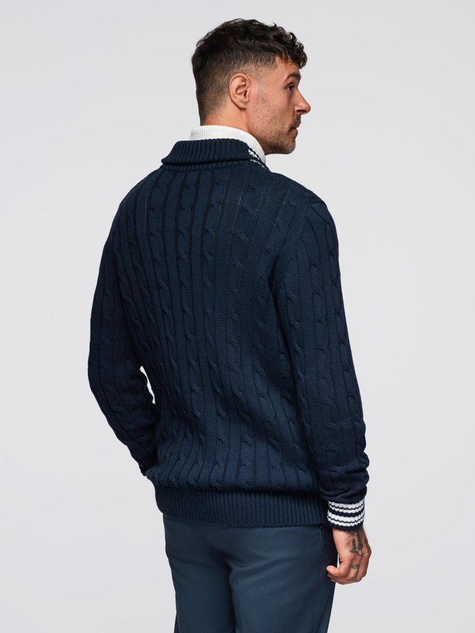Sweter męski kardigan z szalowym kołnierzem w stylu preppy - granatowy V4 OM-SWCD-0152