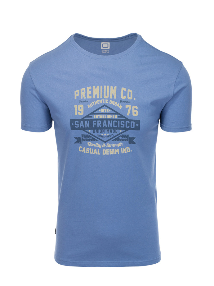 T-shirt męski bawełniany z nadrukiem - niebieski V3 S1732