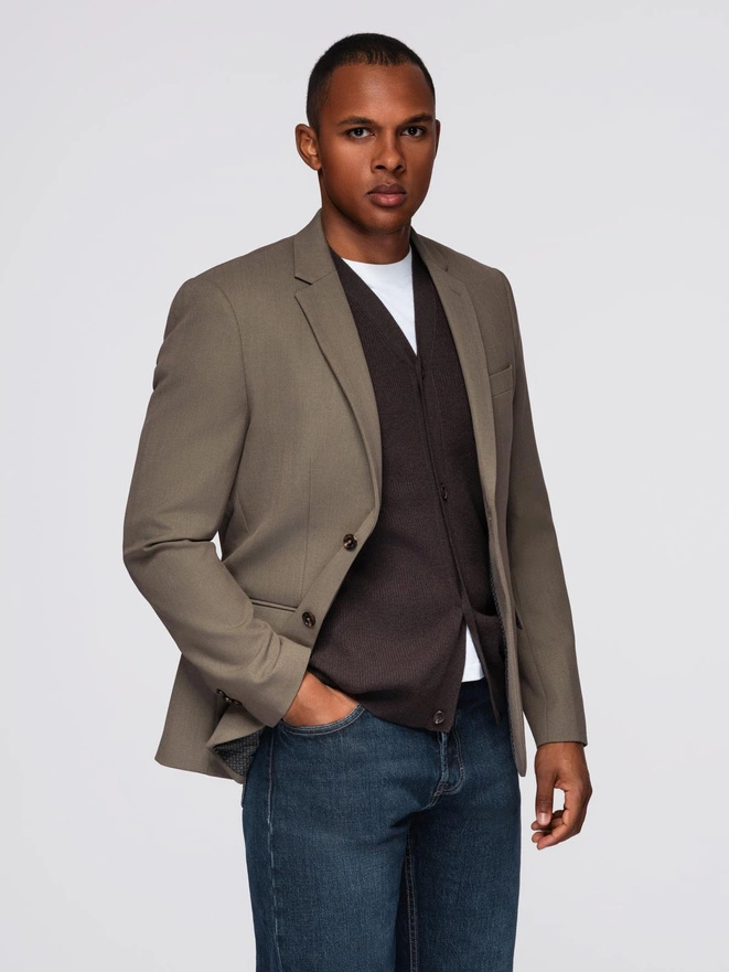 Męska elegancka marynarka SLIM FIT z rayonem – oliwkowa V5 OM-BLZB-0135