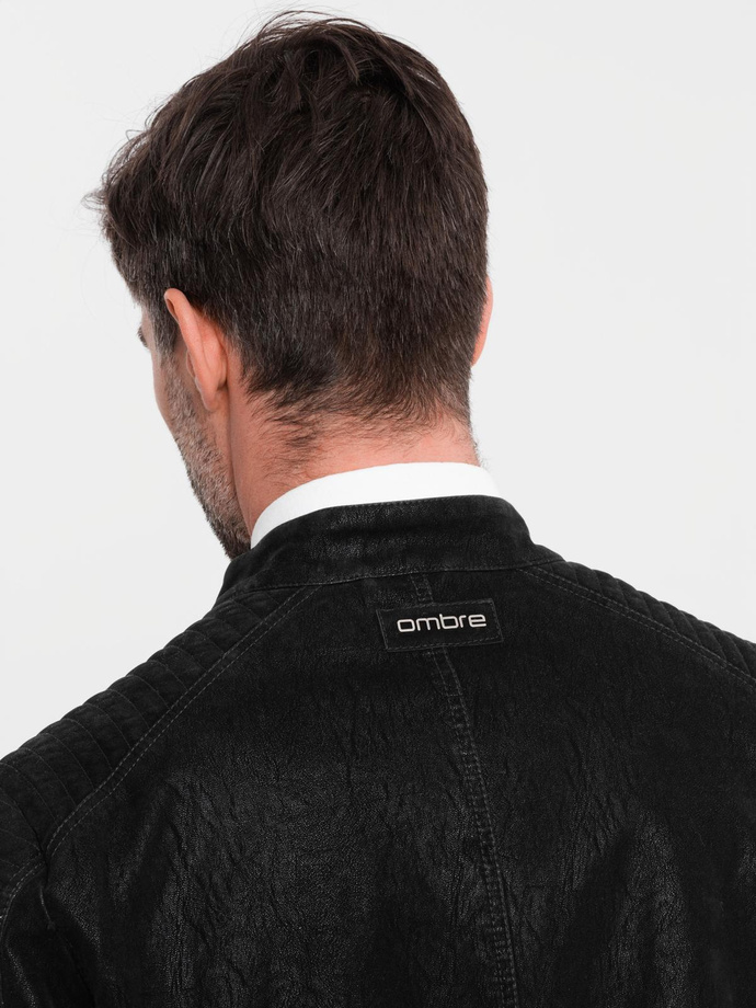 Kurtka męska biker ze stójką w stylu retro – czarna V2 OM-JAFL-0197