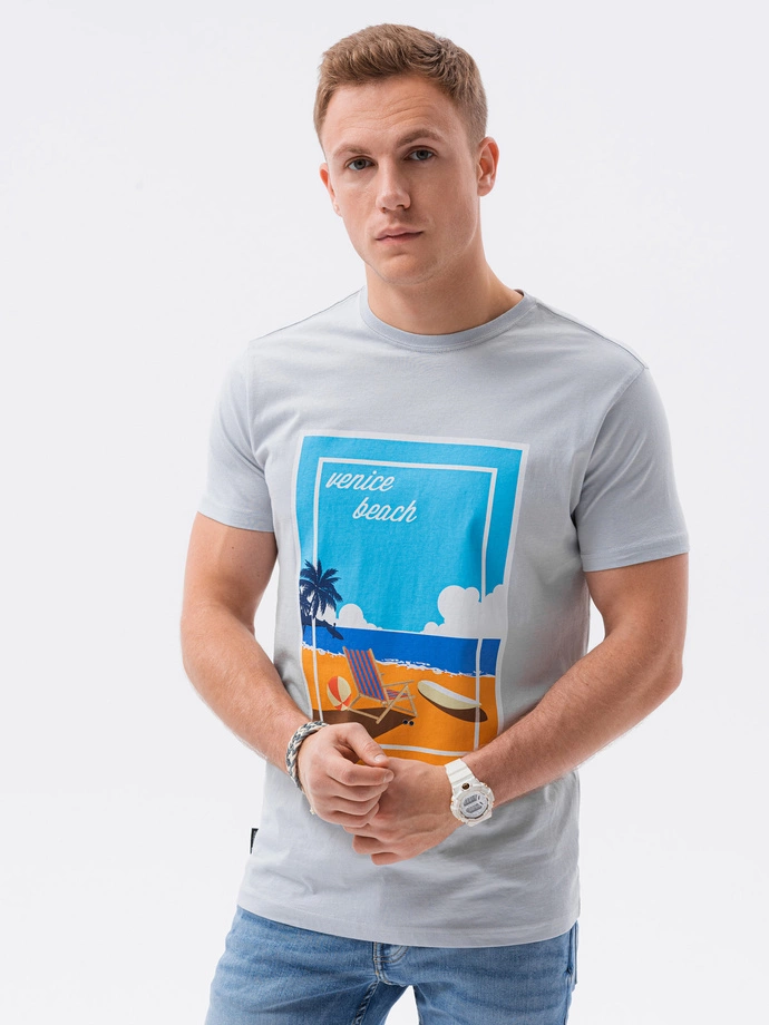 T-shirt męski z nadrukiem - błękitny V3B S1434