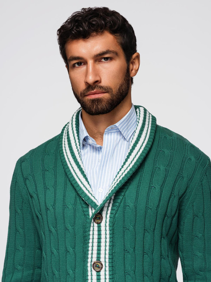 Męski sweter kardigan z szalowym kołnierzem w stylu preppy - zielony V2 OM-SWCD-0152
