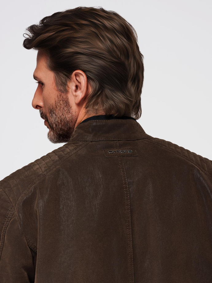 Męska kurtka biker w stylu retro ze stójką – brązowa V1 OM-JAFL-0197