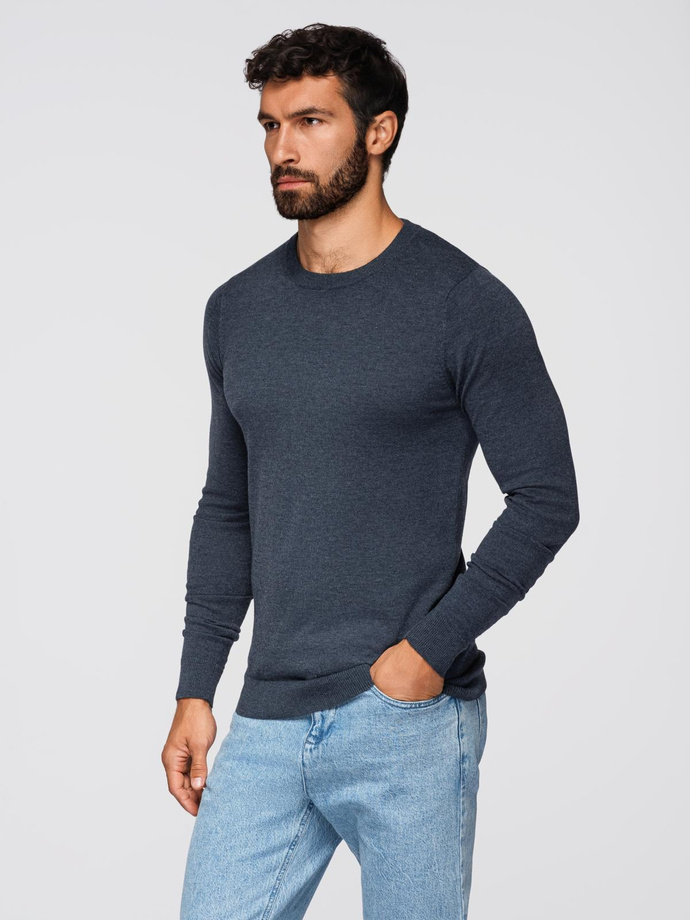 Sweter klasyczny męski z wiskozą BASIC z okrągłym dekoltem – granatowy melanż V16 OM-SWBS-0106