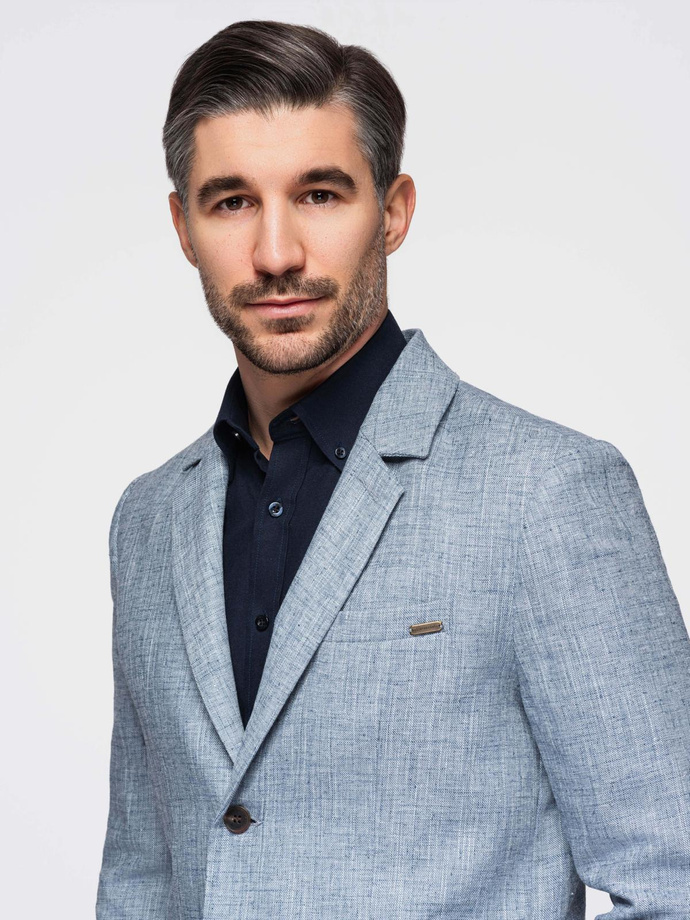 Marynarka męska o kroju REGULAR z lnem - jasnoniebieska V4 OM-BLZB-0128