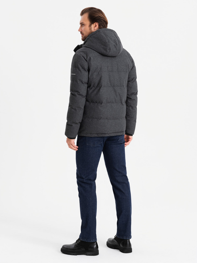 Casualowa męska kurtka puffer z wełną – czarny melanż V2 OM-JAHP-0203