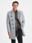 Płaszcz męski z asymetrycznym zapięciem - szary melanż V1 OM-COWC-0102
