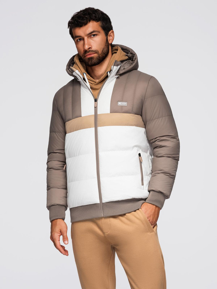 Kolorowa sportowa męska kurtka w stylu retro – beżowo-biała V2 OM-JALP-0296