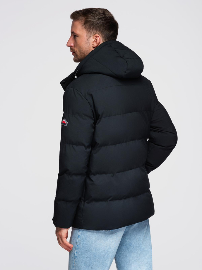 Zimowa kurtka męska z odpinanym kapturem z wodoodpornego materiału  - czarna V3 OM-JAHP-0306