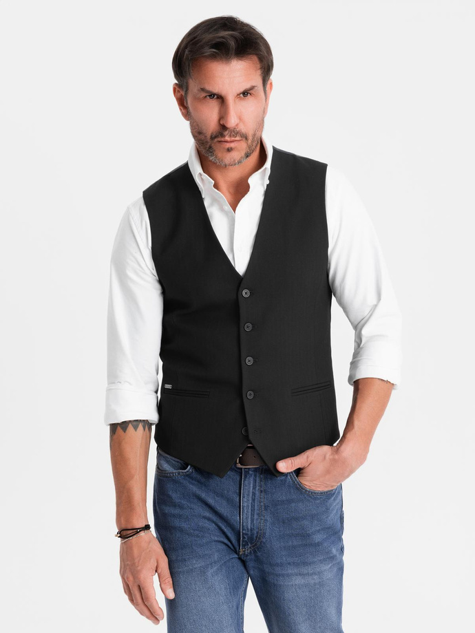 Elegancka męska kamizelka w jodełkę SLIM FIT - czarna V3 OM-BLZV-0143