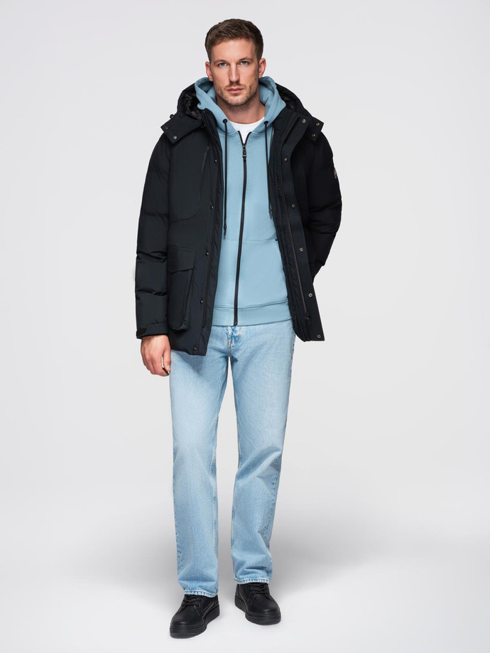 Zimowa kurtka męska z odpinanym kapturem z wodoodpornego materiału  - czarna V3 OM-JAHP-0306