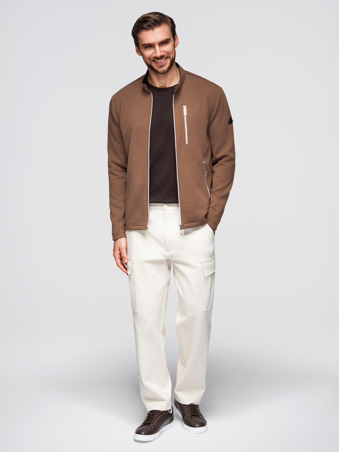 Męska strukturalna kurtka biker ze stójką – brązowa V2 OM-JANP-0229