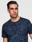 Męski t-shirt bawełniany z nadrukiem z motywem roślinnym - granatowa V4 OM-TSFP-0262