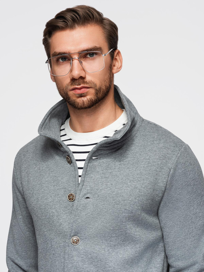Bluza męska zapinana na guziki ze stójką – szary melanż V7 OM-SSZP-0240