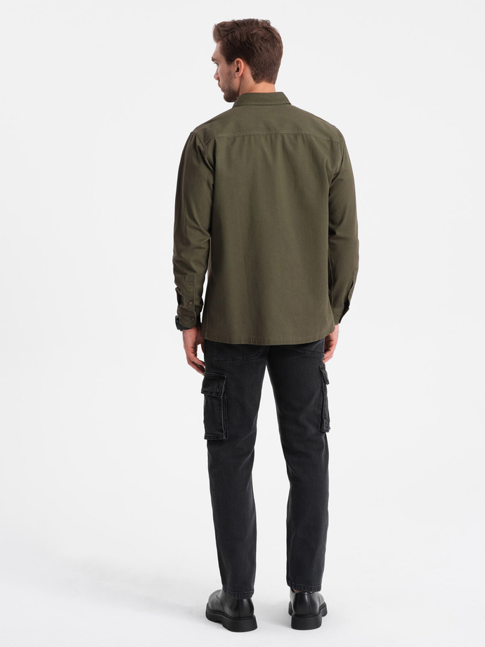 Koszula męska bawełniana REGULAR FIT z kieszeniami zapinanymi na guziki - oliwkowa V4 OM-SHCS-0146