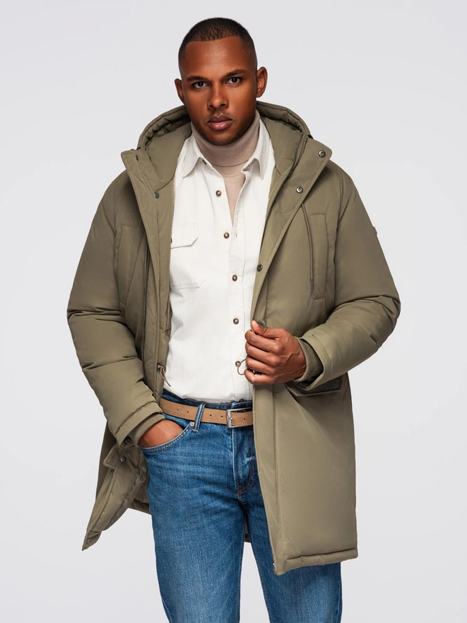 Klasyczna męska długa kurtka typu parka – oliwkowa V3 OM-JAPJ-0313