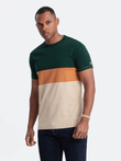 T-shirt męski trójkolorowy w szerokie pasy - zielono-beżowy V4 OM-TSCT-0152
