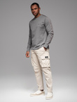 Męski bawełniany longsleeve U-neck z lampasami i nadrukiem na piersi – szary V5 OM-LSCL-0127