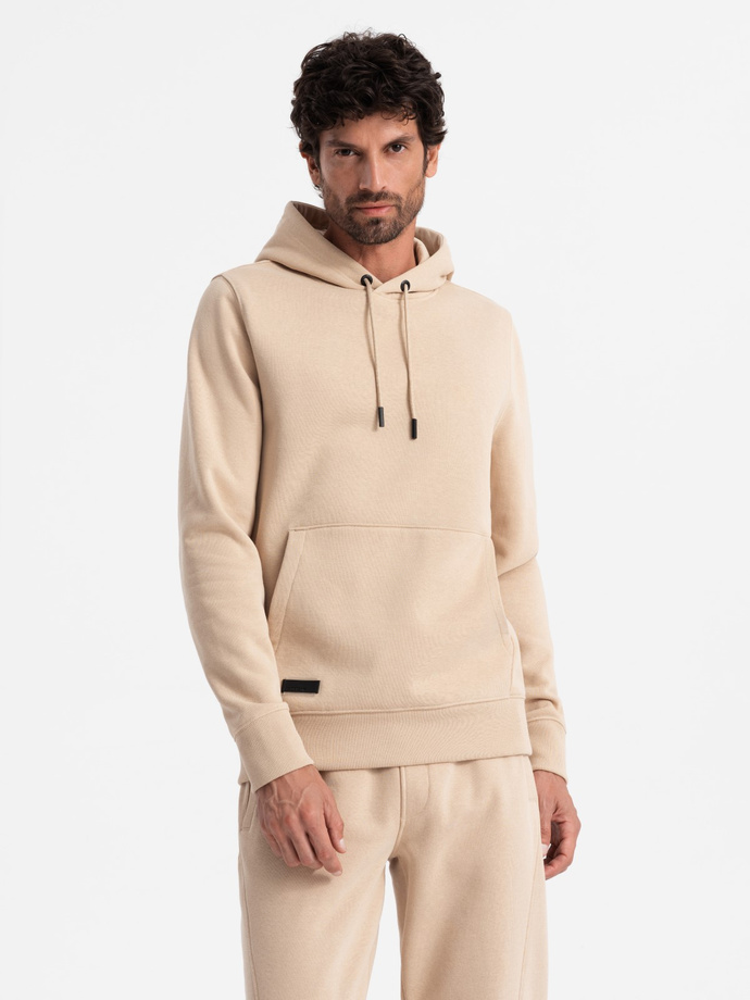 Dresowy komplet męski BASIC bluza kangurka + joggery – beżowy V6 Z85