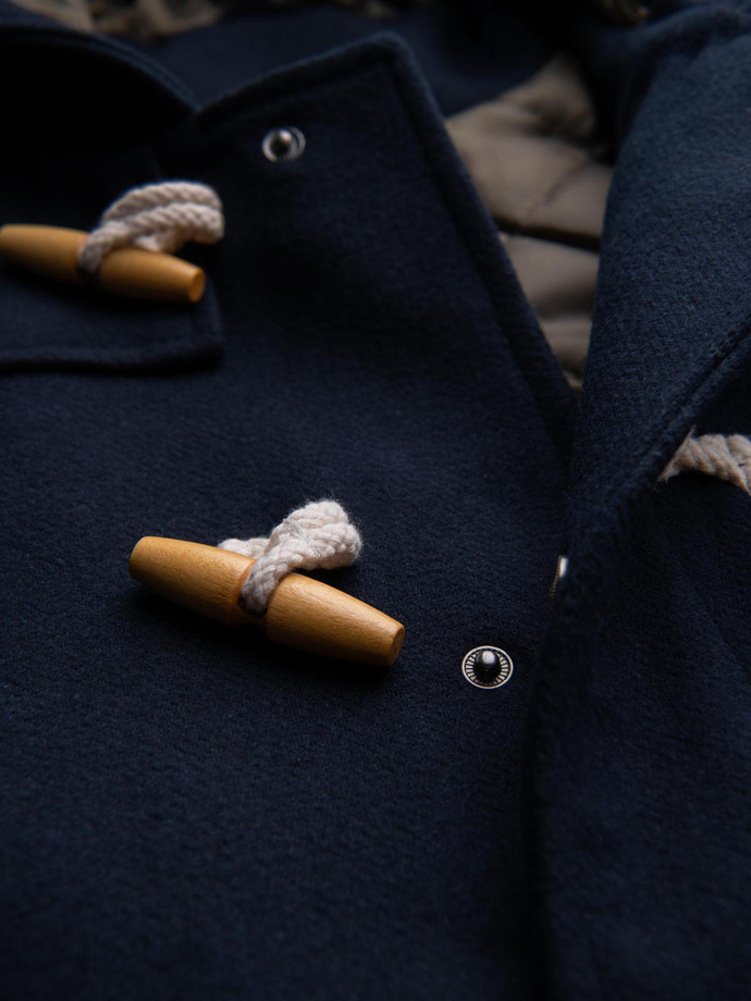 Męski płaszcz z wełną i kapturem duffle coat – granatowy V2 OM-COWC-0131