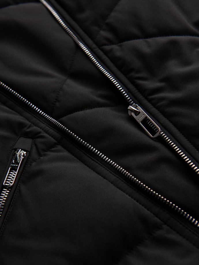 Kurtka pikowana męska o kroju ramoneski z kapturem - czarna V1 OM-JAHP-0252