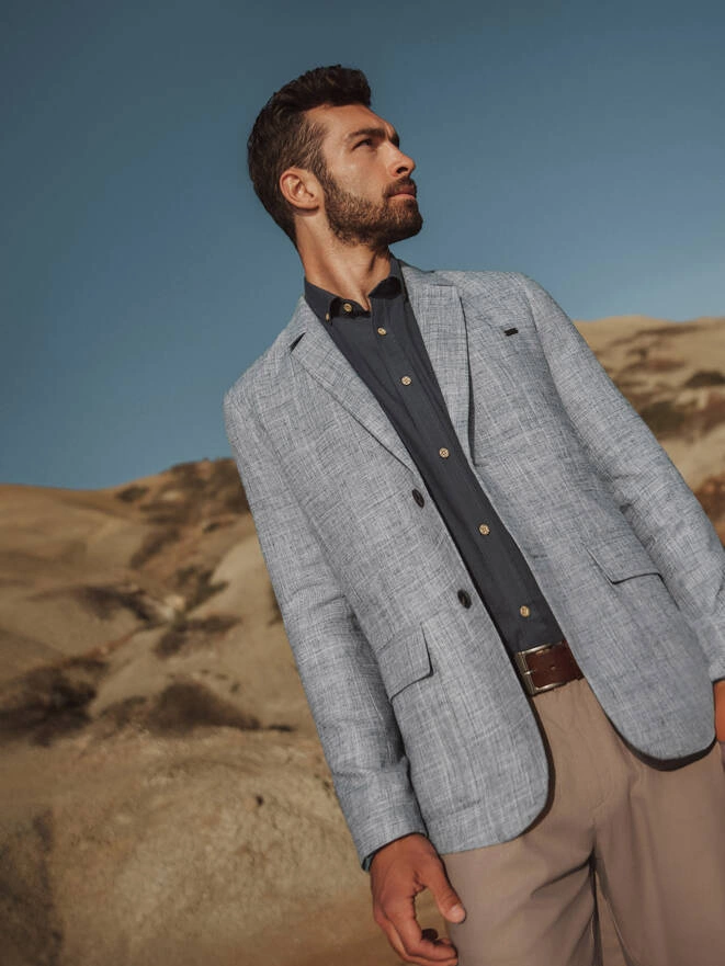 Marynarka męska o kroju REGULAR z lnem - jasnoniebieska V4 OM-BLZB-0128