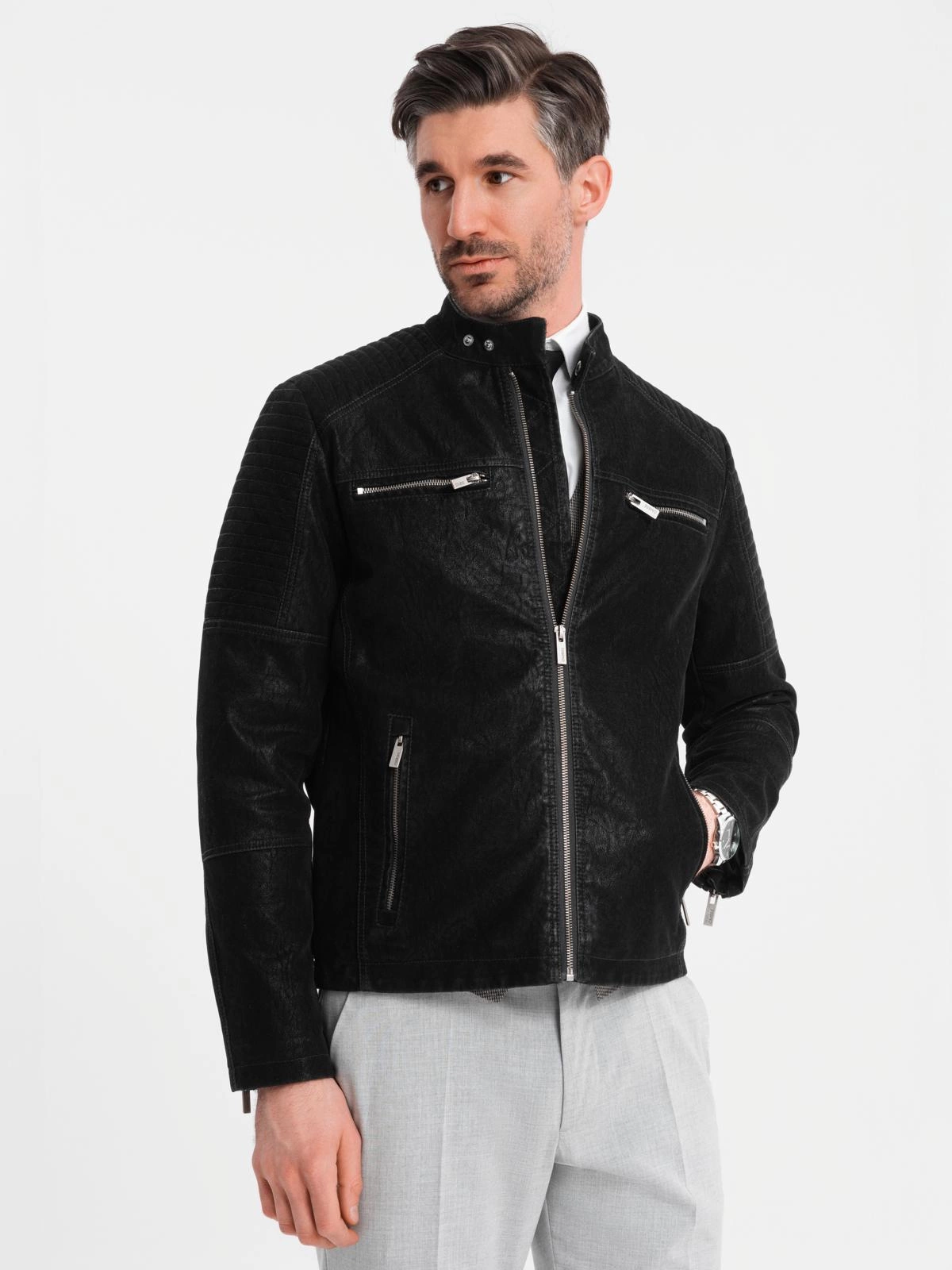 ジャケット・アウター Sillage MANTEAU COURT 3 POCHES Męska kurtka biker w stylu retro ze stójką – brązowa V1 OM