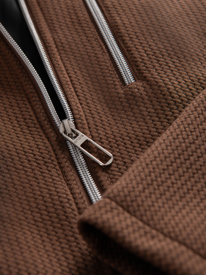 Męska strukturalna kurtka biker ze stójką – brązowa V2 OM-JANP-0229