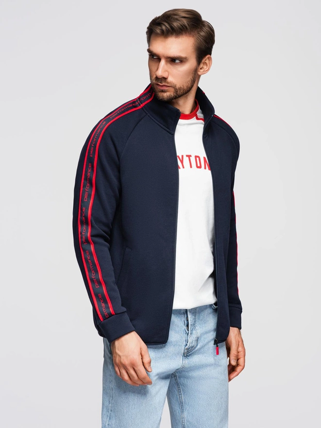 Bluza męska rozpinana z lampasami i wysoką stójką – granatowa V3 OM-SSZP-0224