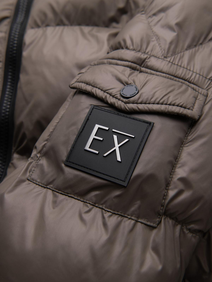 Ciepła męska kurtka puffer ze ściągaczami – ciemnobeżowa V3 OM-JAHP-0207