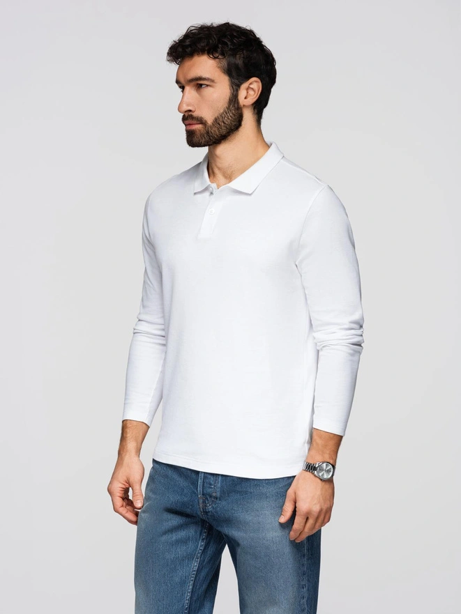 Longsleeve męski BASIC z kołnierzykiem polo – biały V1 OM-POBL-0162