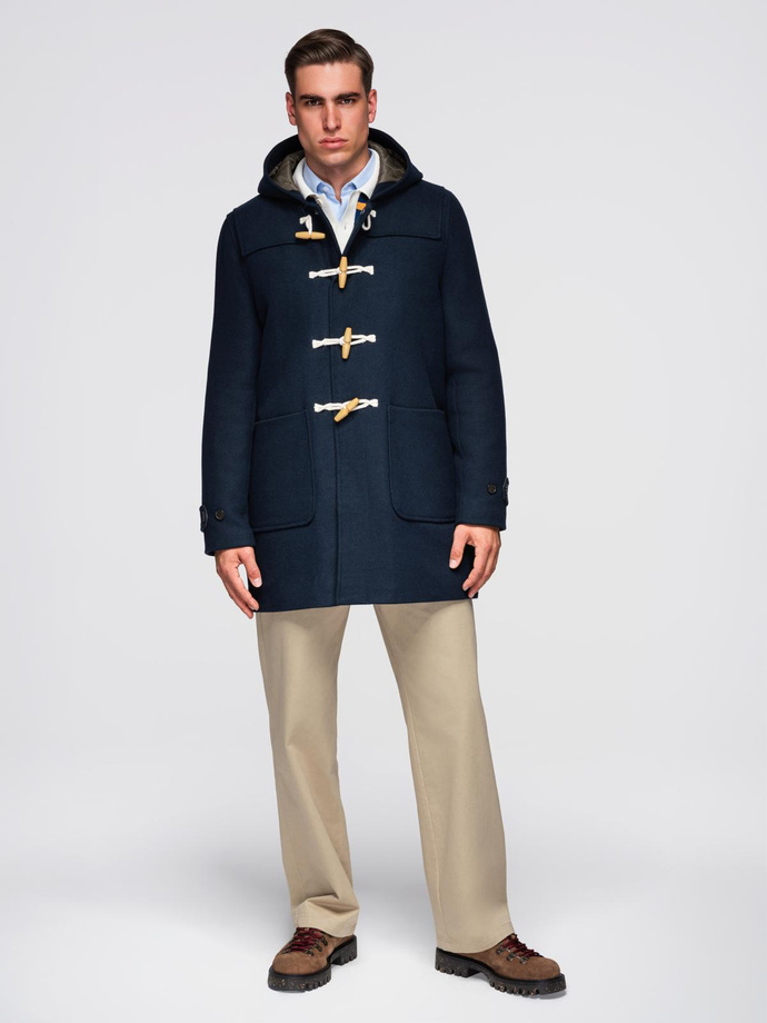 Męski płaszcz z wełną i kapturem duffle coat – granatowy V2 OM-COWC-0131